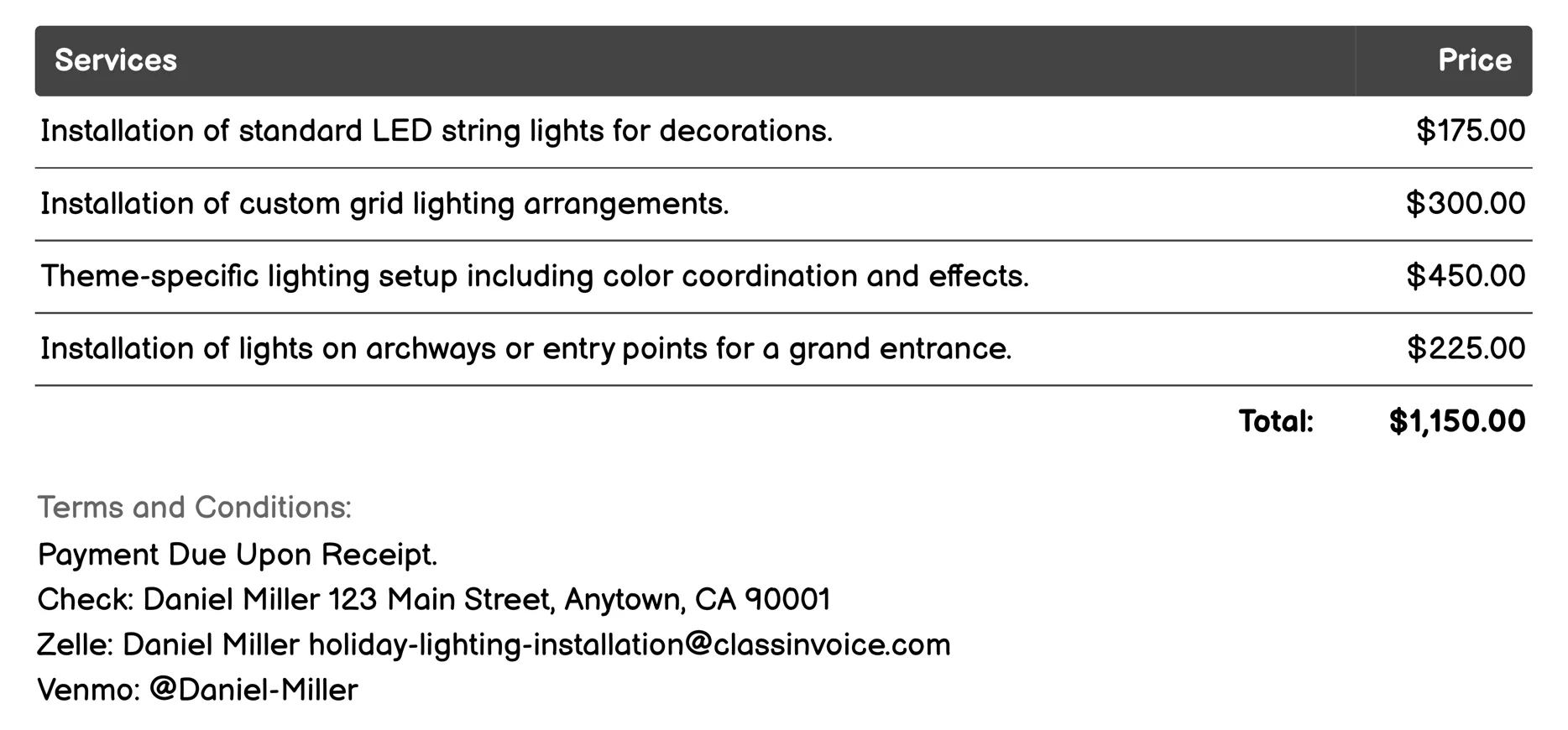 Special Event Holiday Lighting Invoice Example