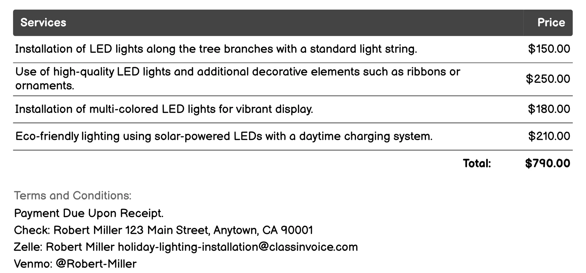 Tree Lighting Services Invoice Example