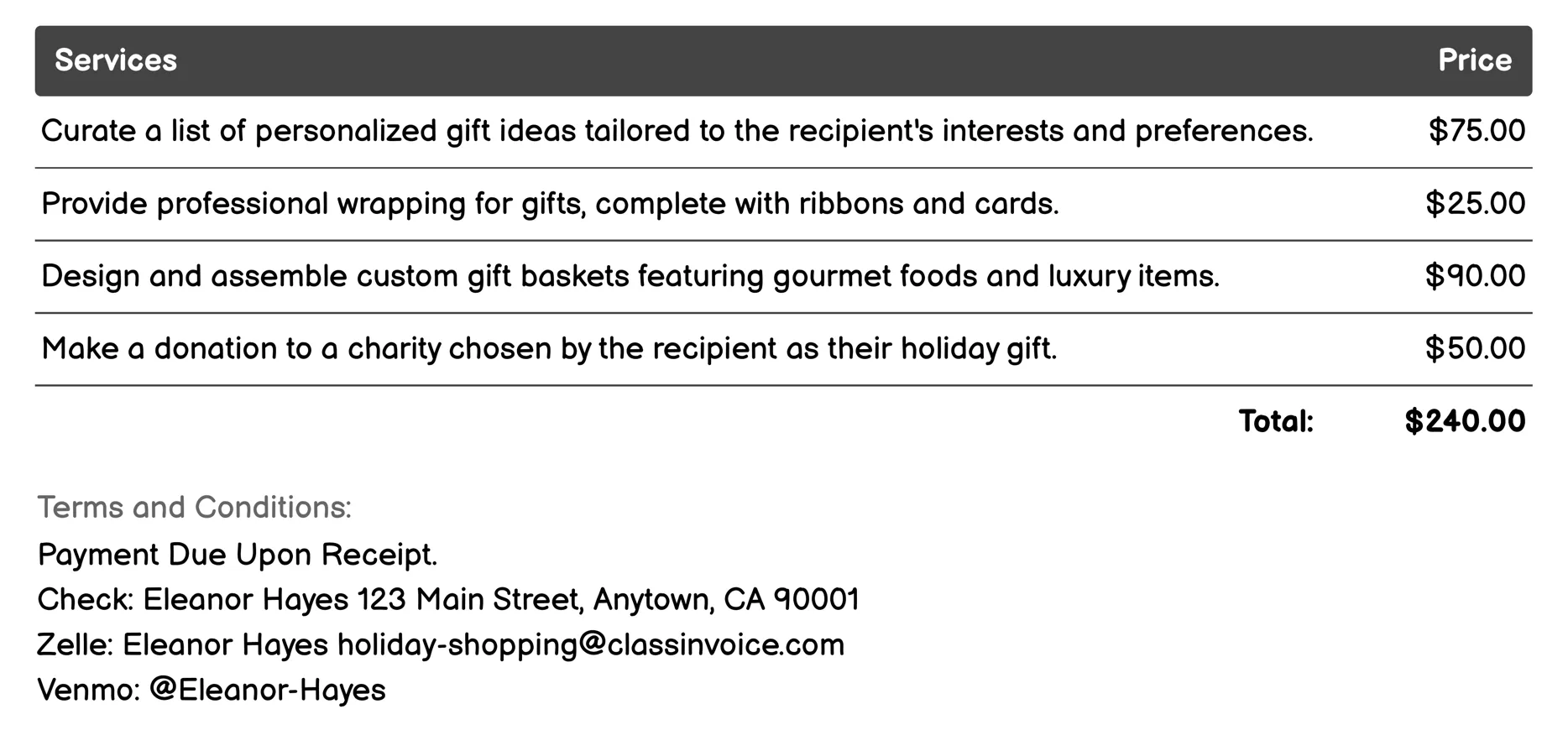 Gift Ideas Concierge Invoice Example