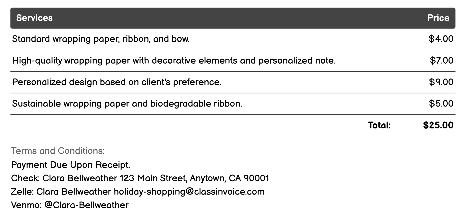 Gift Wrapping Service Invoice Example