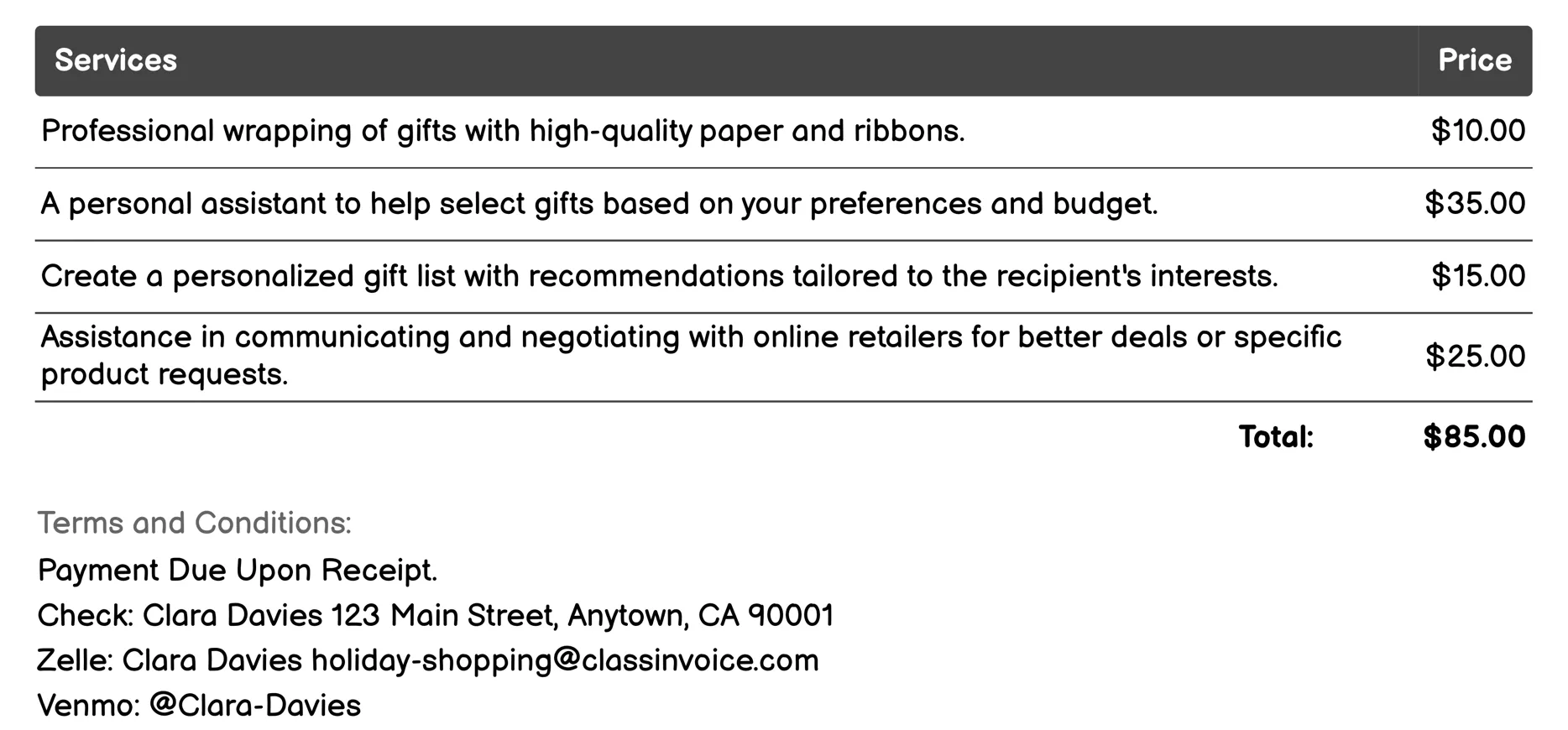 Personal Shopping Invoice Example