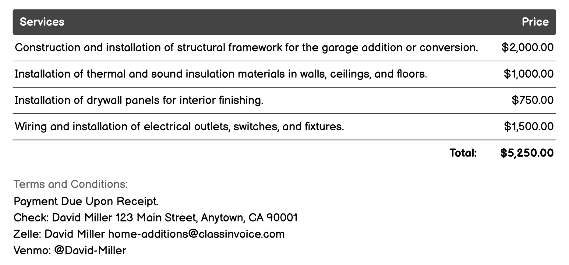 Garage Conversion/Addition Invoice Example