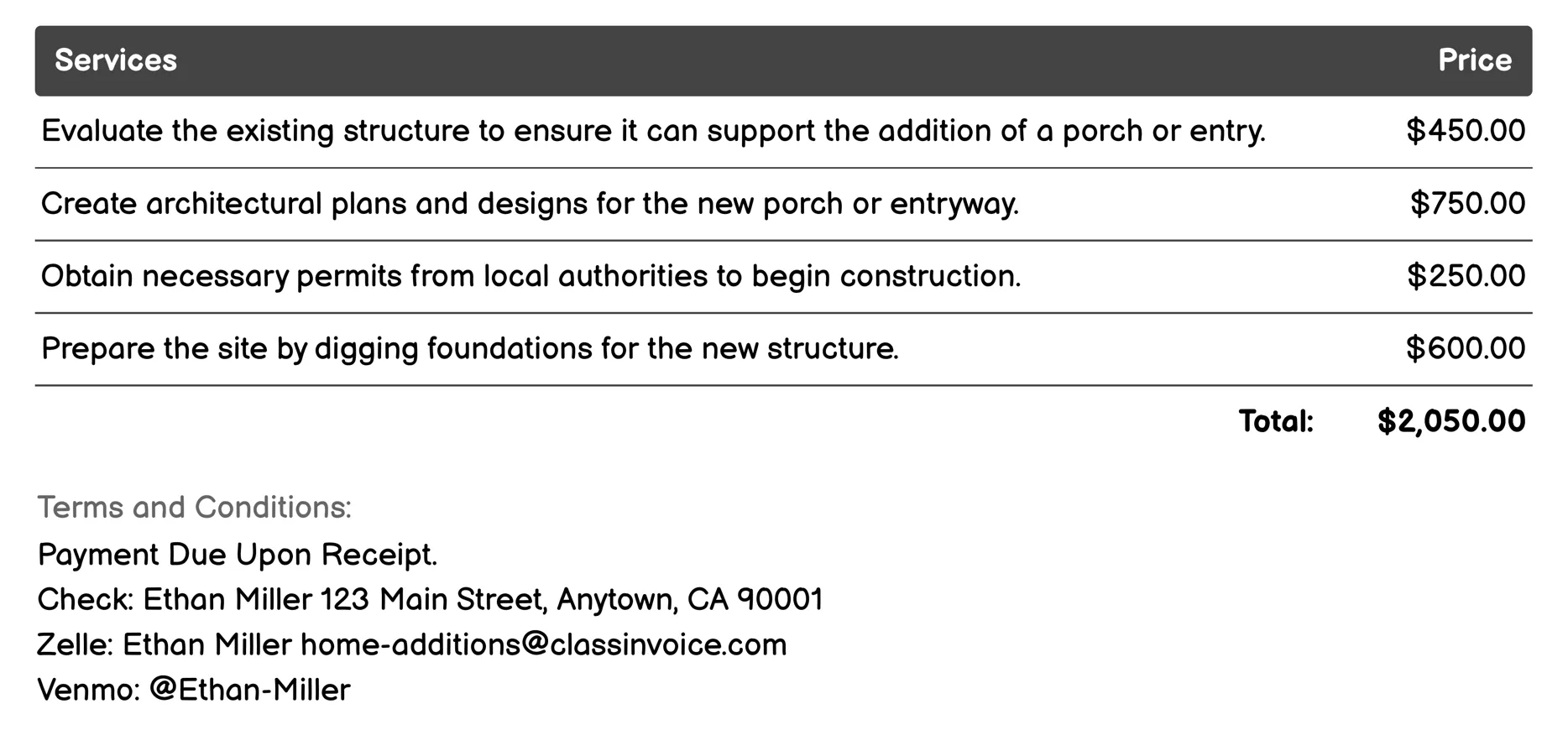 Porches and Entries Invoice Example