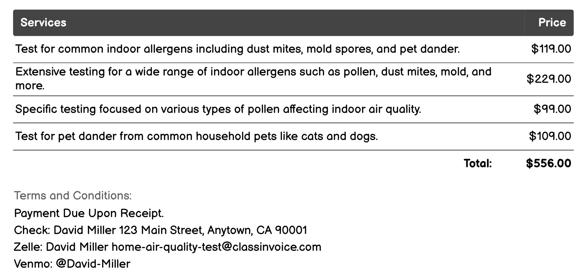 Allergen Testing Invoice Example