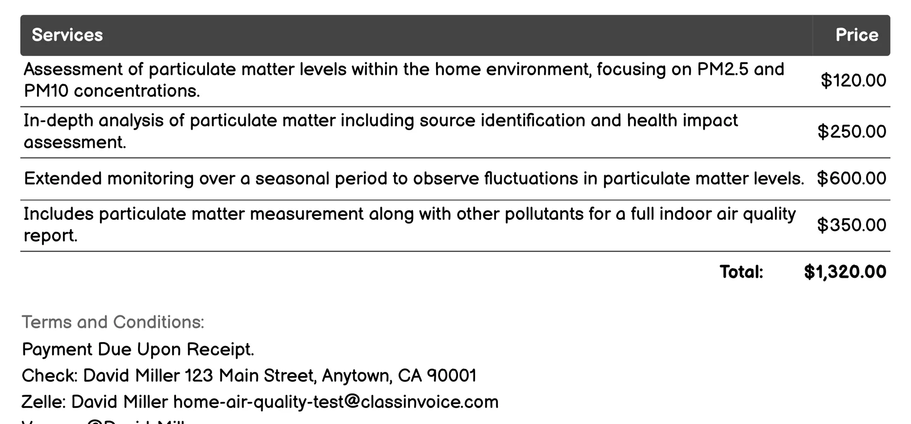Particulate Matter Measurement Invoice Example