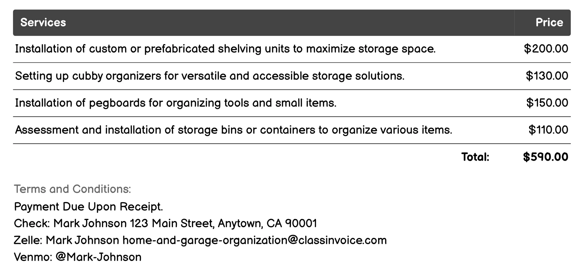 Basement Storage Solutions Invoice Example