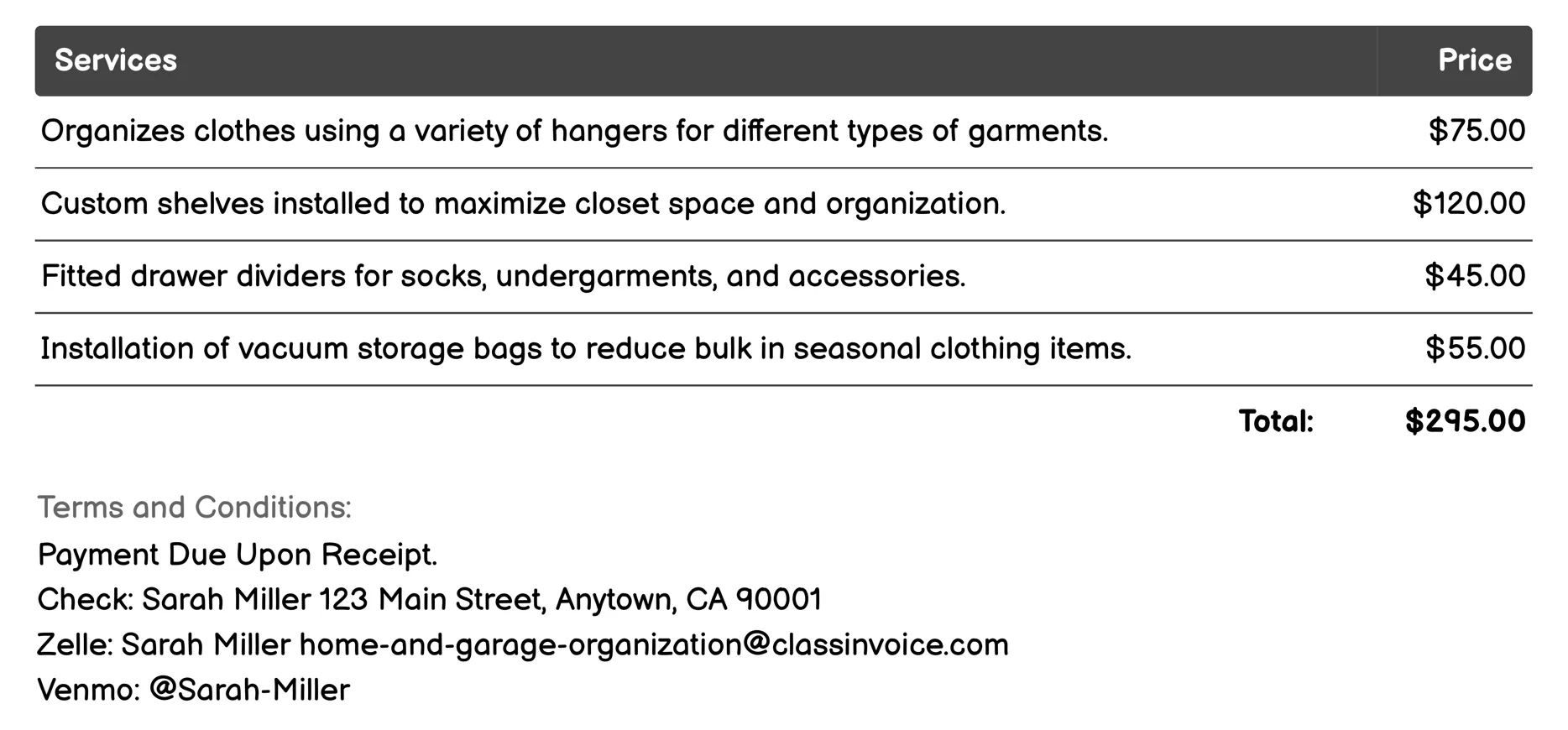 Closet Organizer Invoice Example