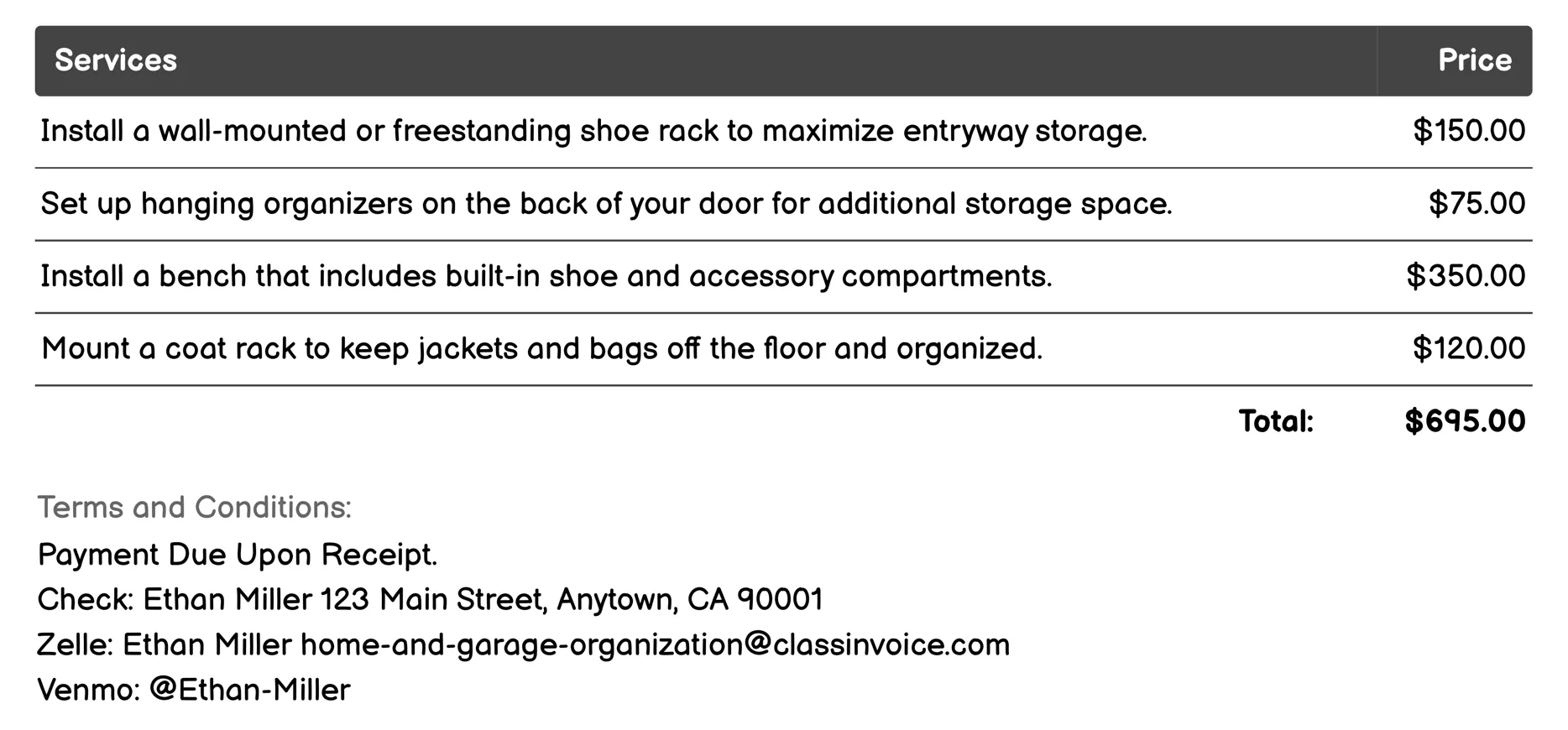 Entryway Storage Optimization Invoice Example