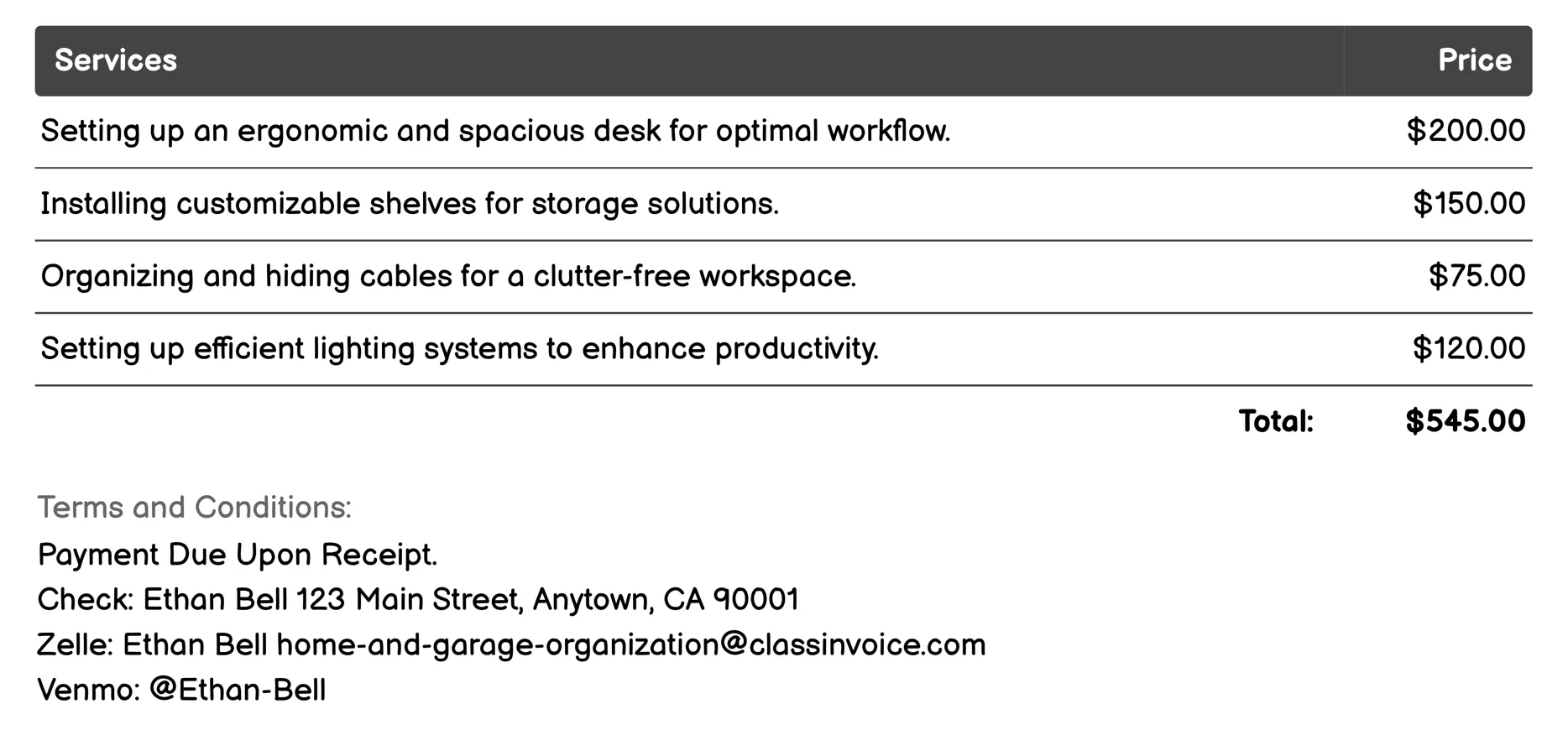 Home Office Setup Invoice Example