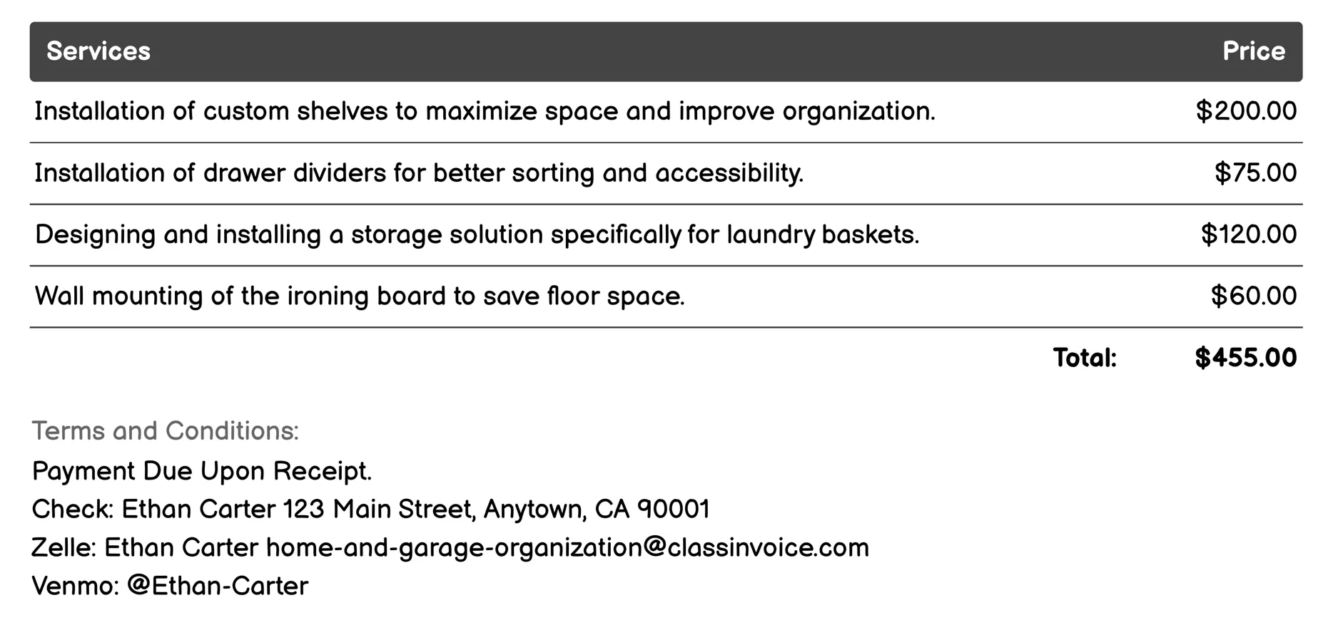 Laundry Room Organization Invoice Example