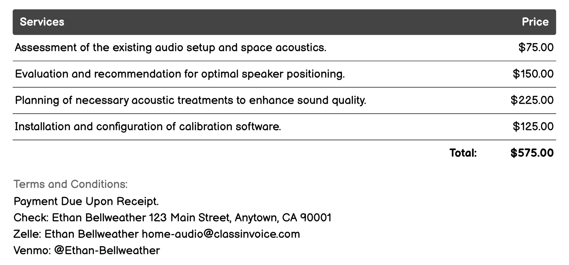 Surround Sound Calibration Invoice Example