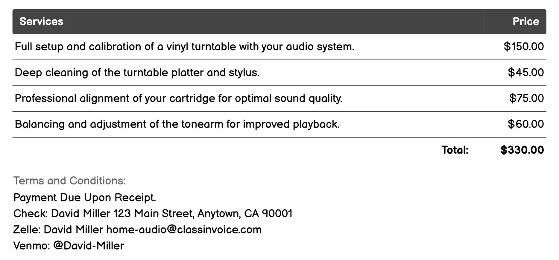 Vinyl Turntable Setup Invoice Example