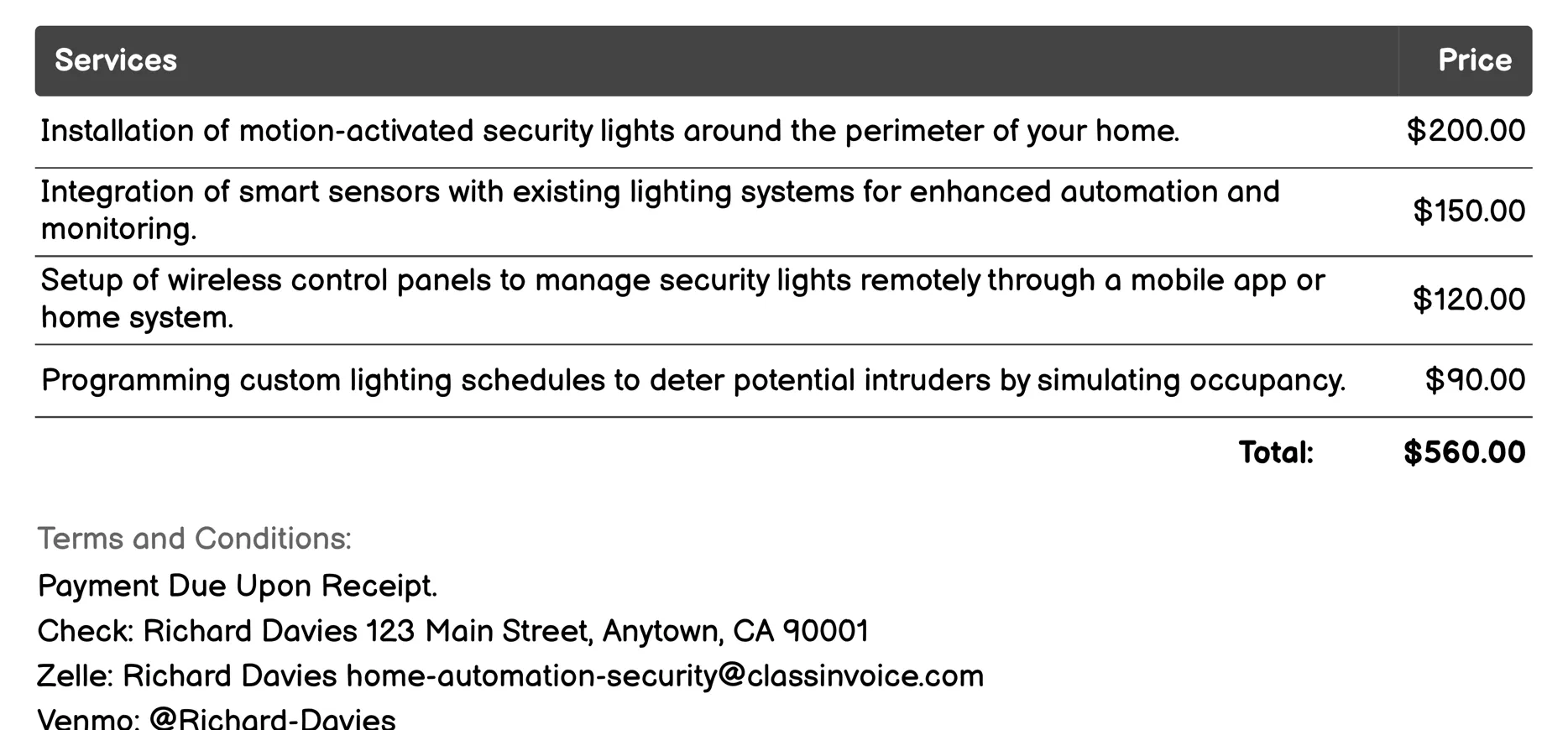 Security Lighting Systems Invoice Example