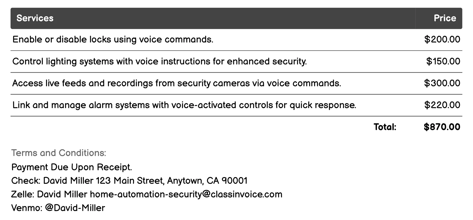 Voice-Activated Security Controls Invoice Example