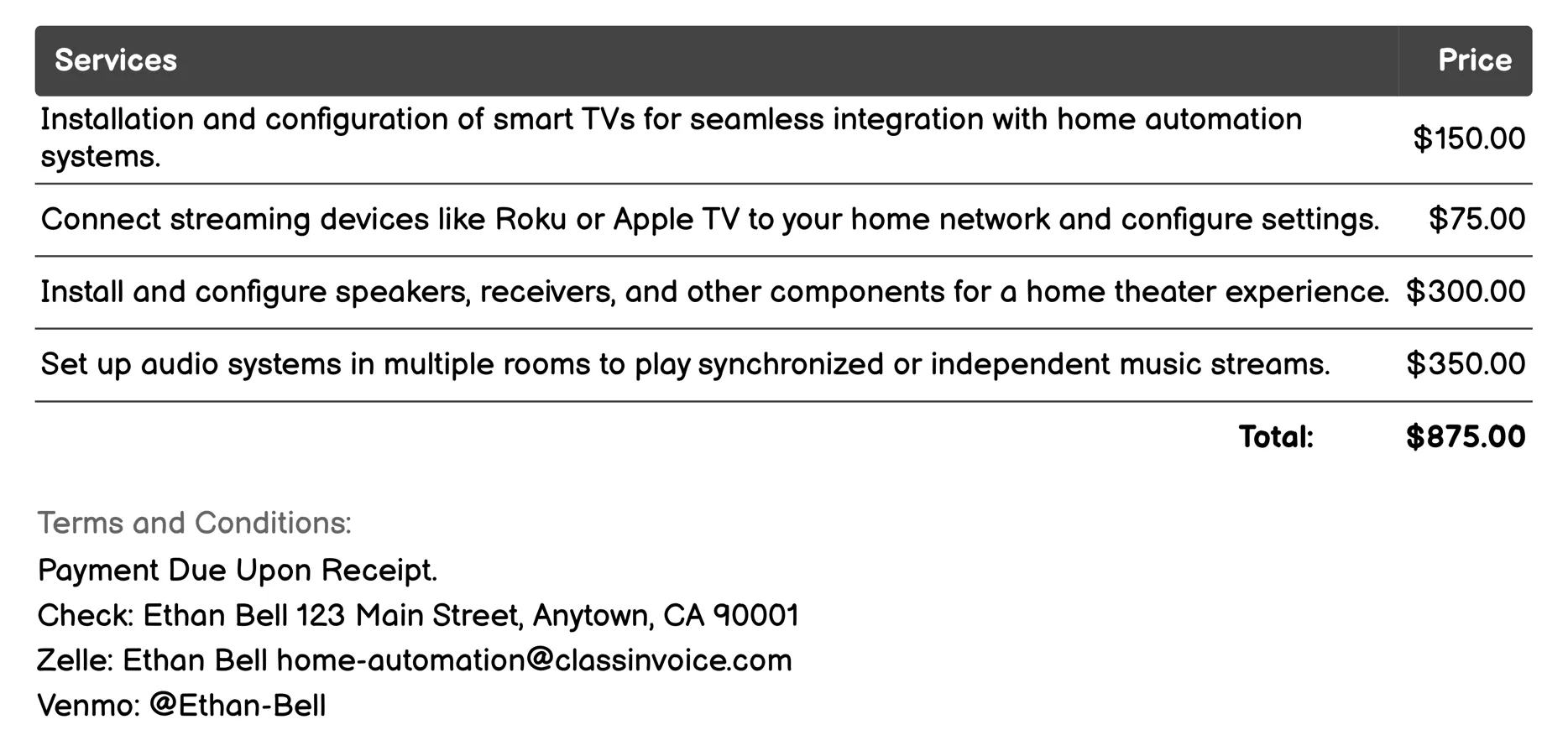 Entertainment Systems Invoice Example