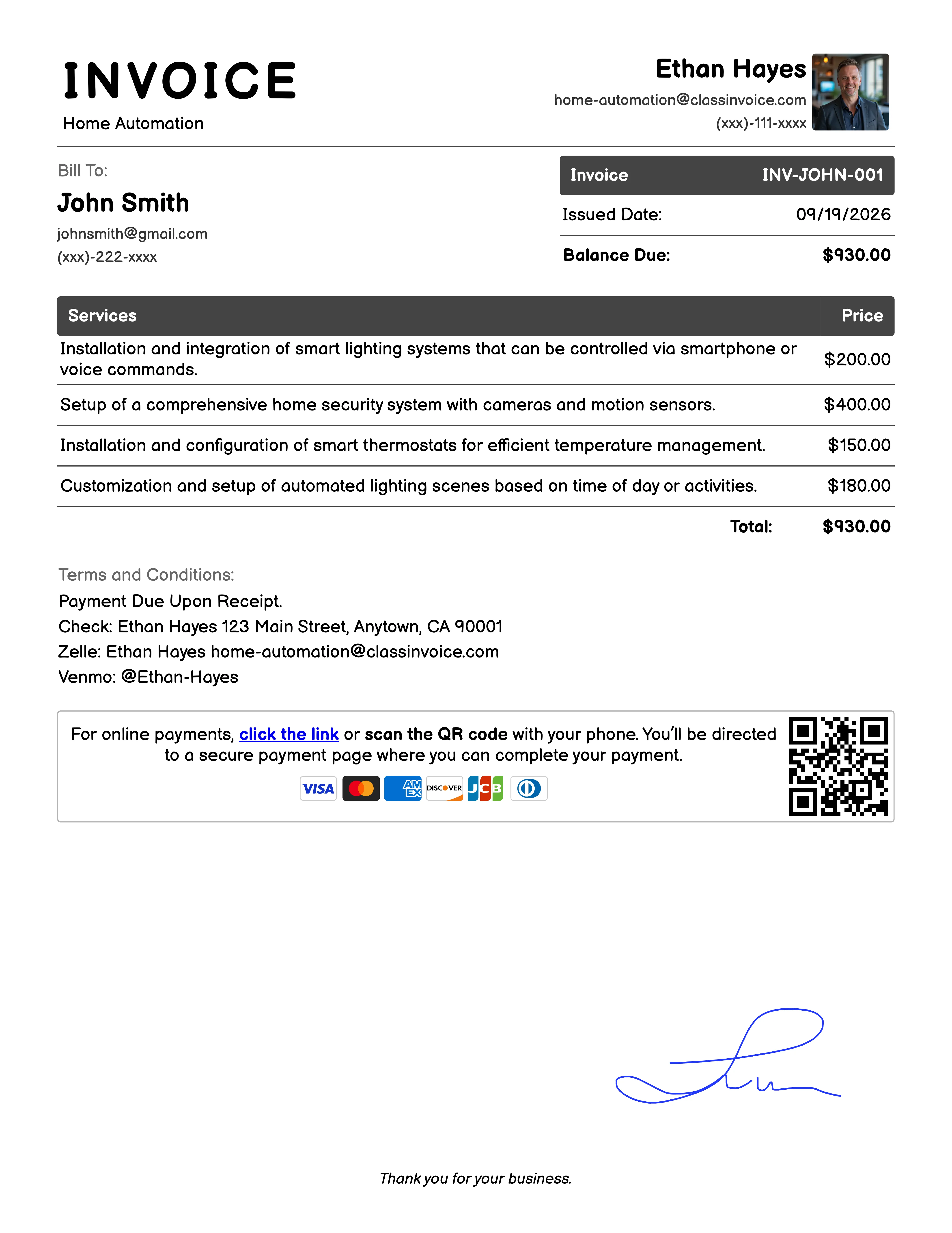 Home Automation Invoice Example