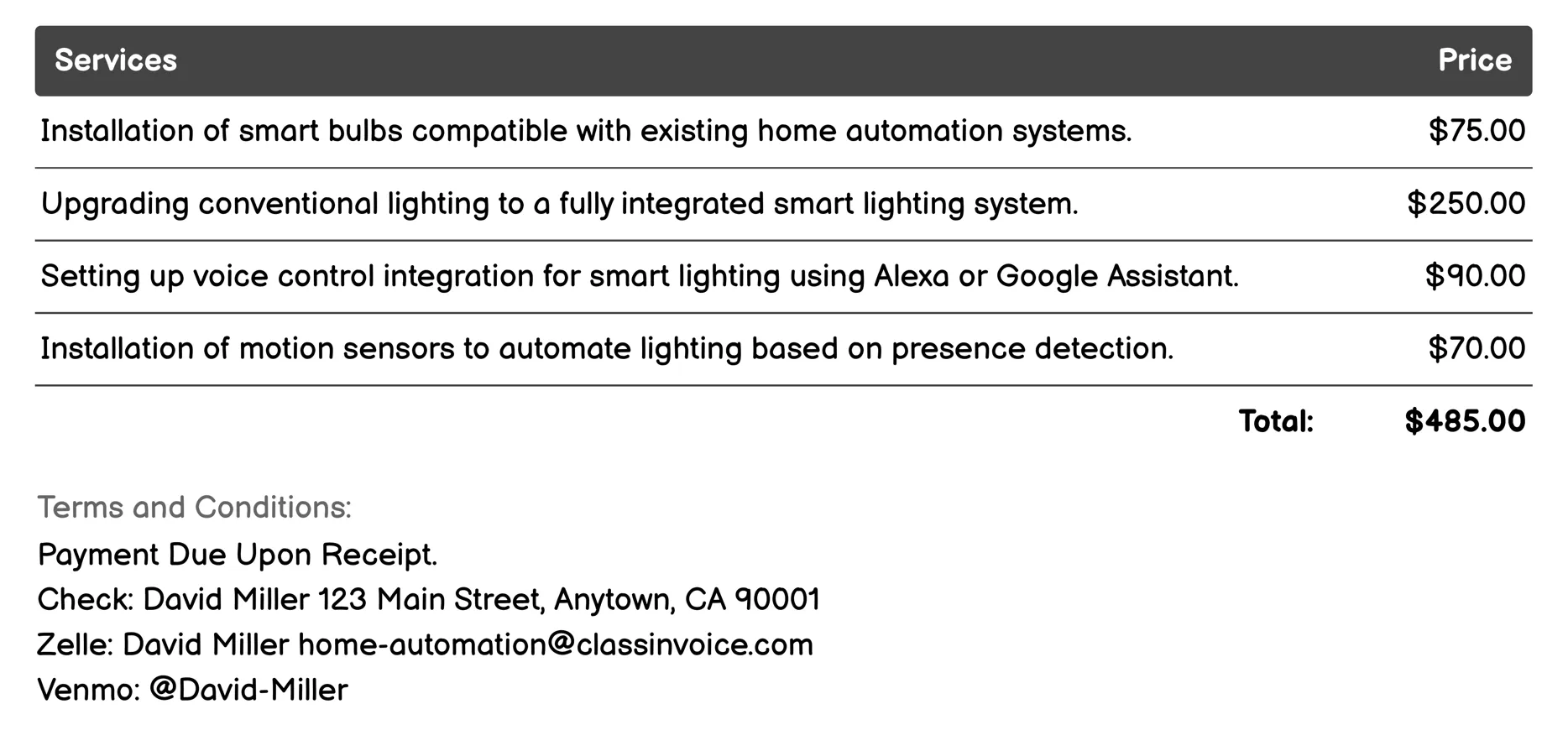 Smart Lighting Invoice Example
