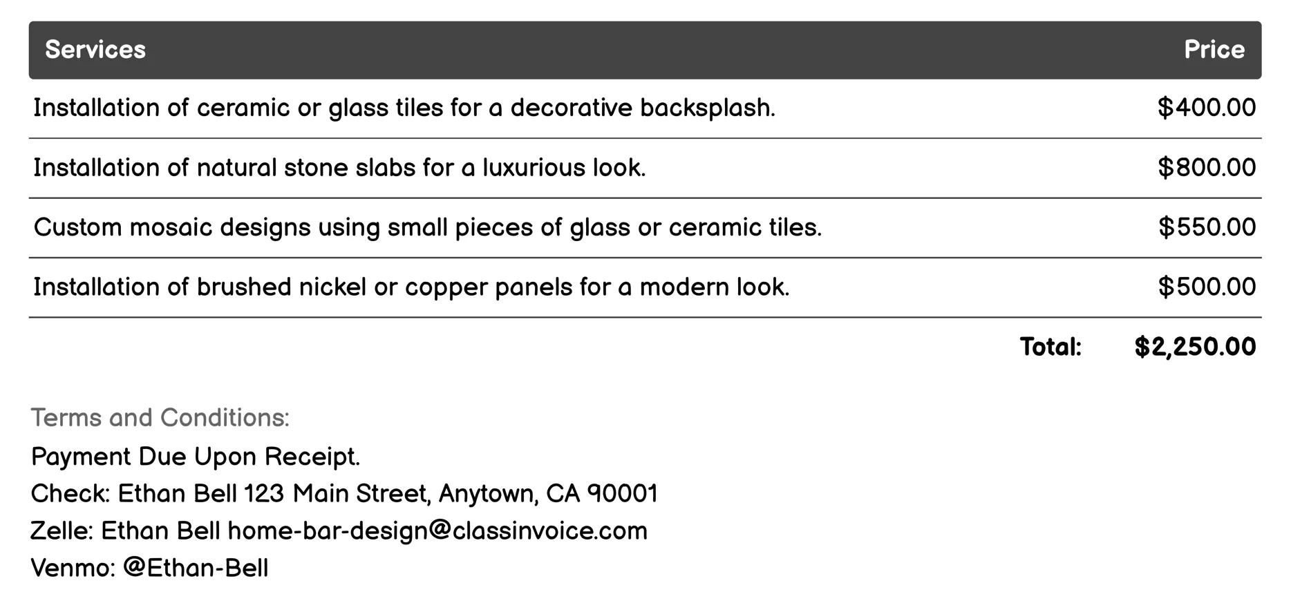 Decorative Backsplash Installation Invoice Example
