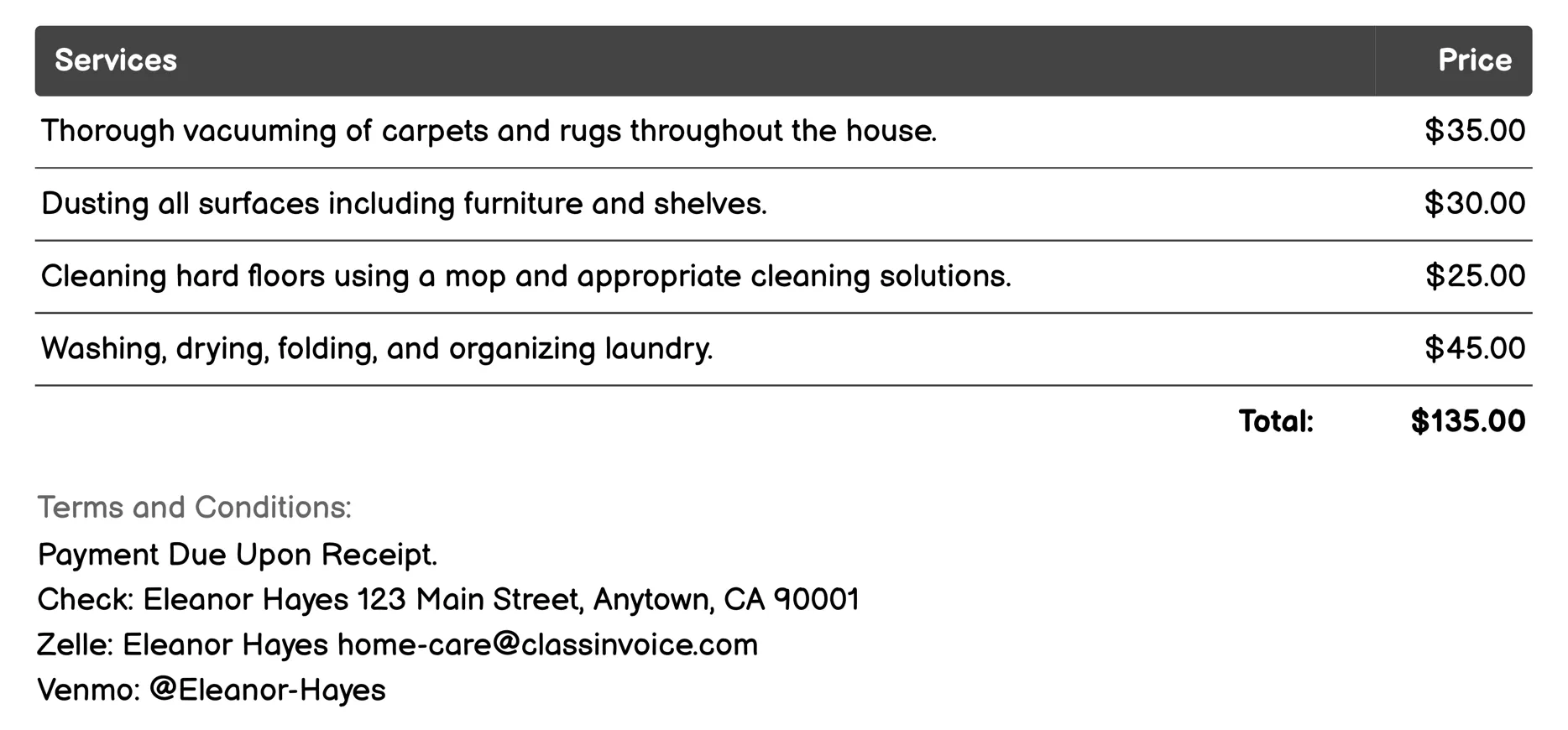 Housekeeping Invoice Example