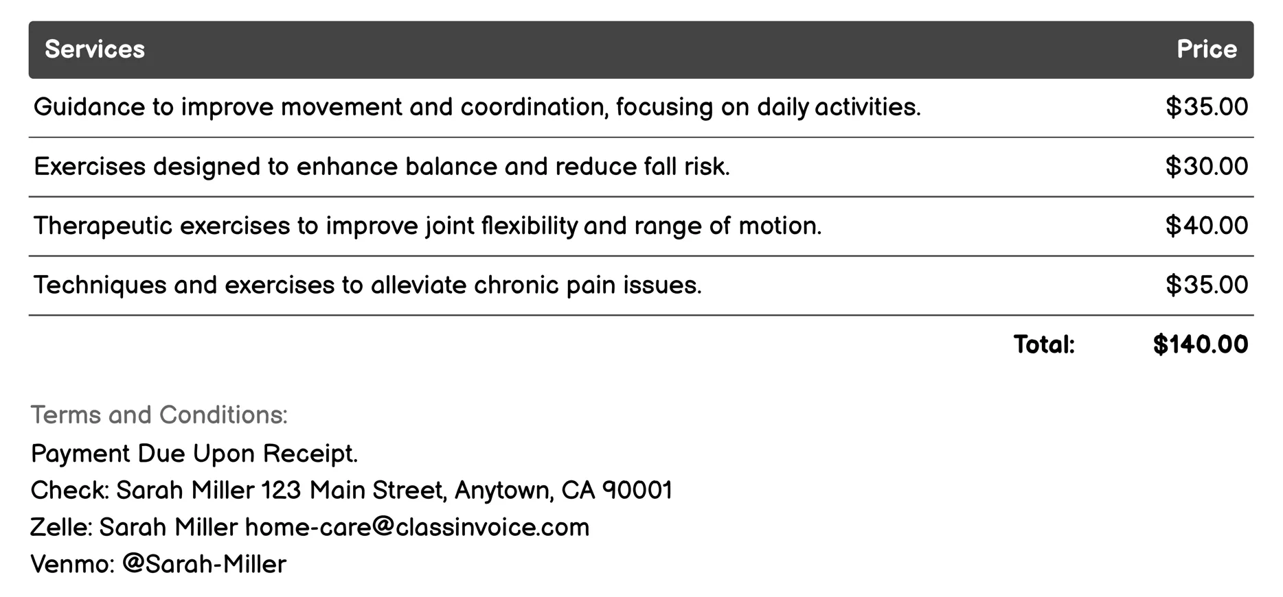 Physical Therapy Assistance Invoice Example