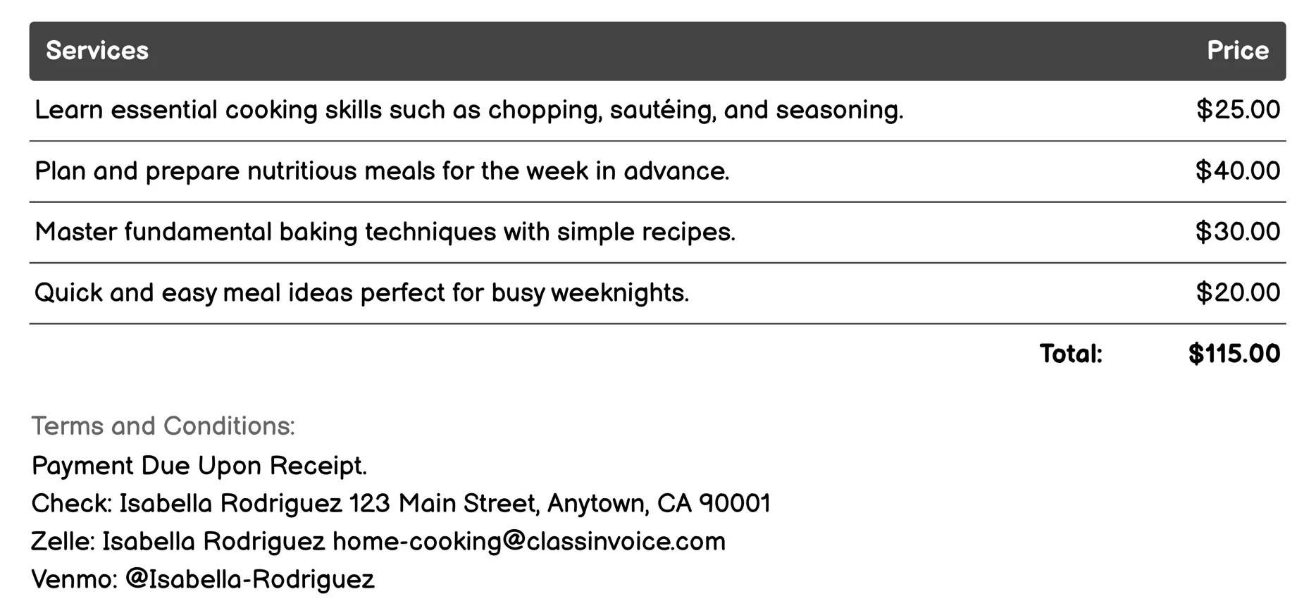 Cooking Demonstrations Invoice Example