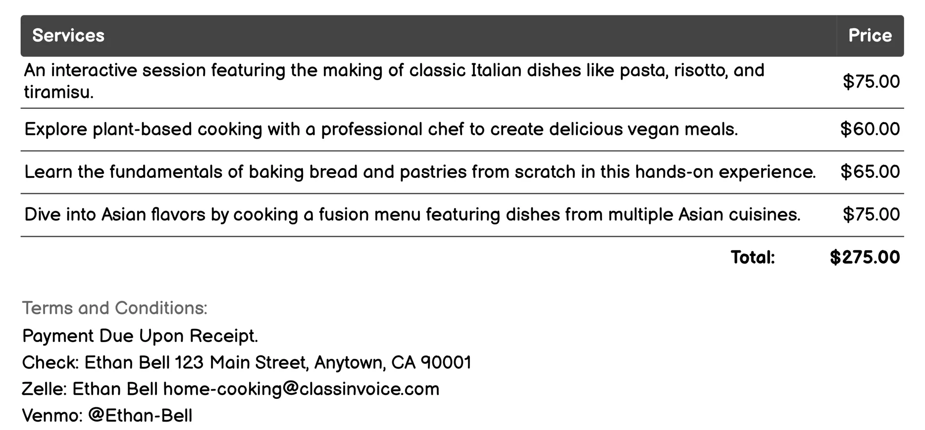 Virtual Cooking Experiences Invoice Example