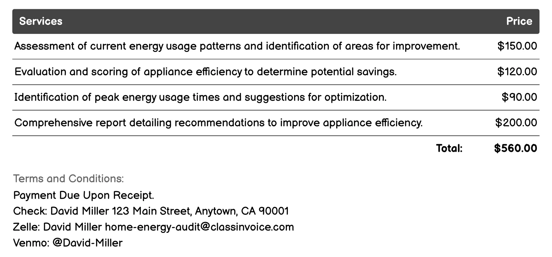 Appliance Efficiency Review Invoice Example