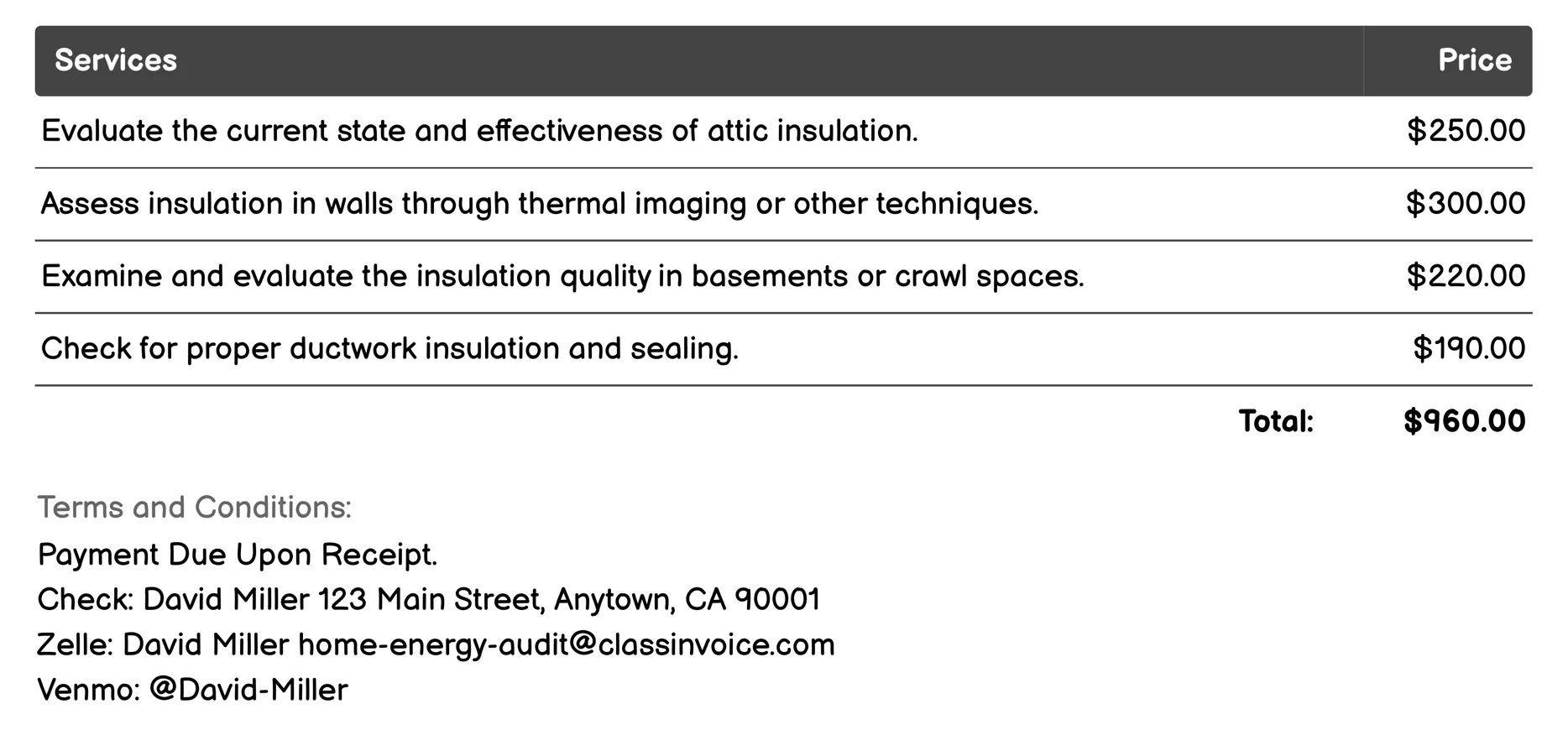 Insulation Evaluation Invoice Example