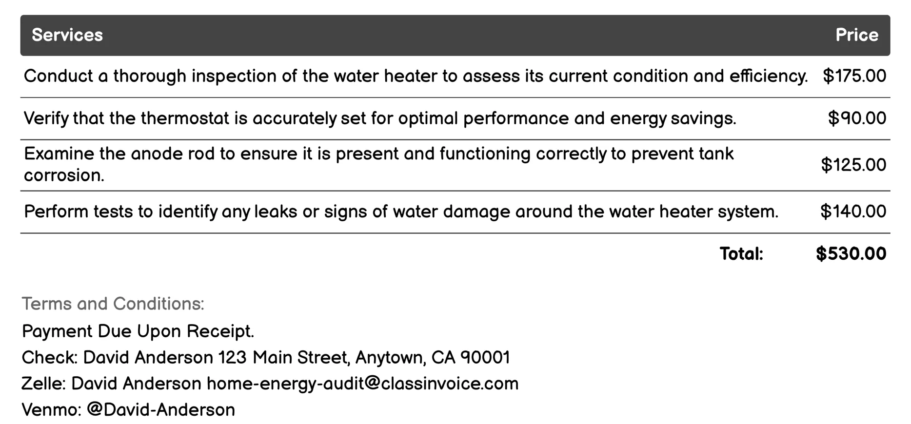 Water Heater Check Invoice Example