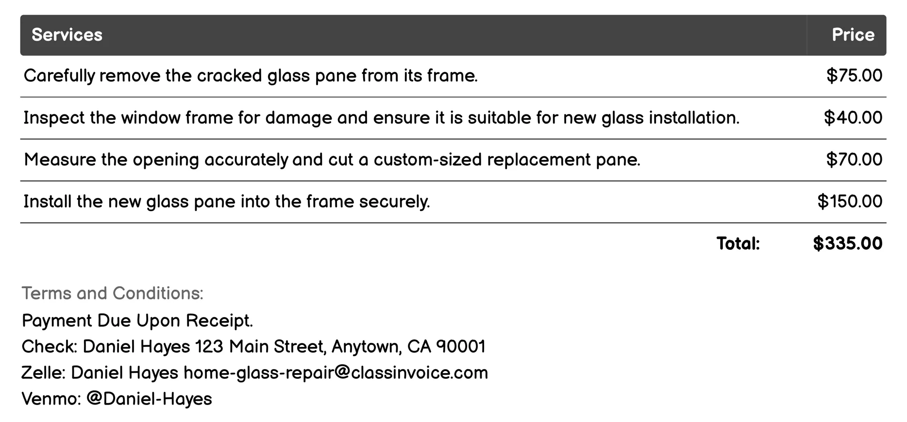 Cracked Pane Replacement Invoice Example