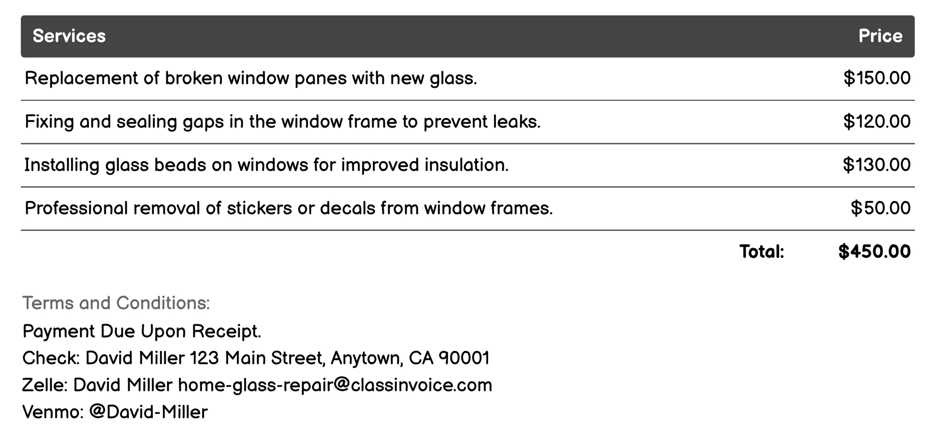 Frame Repair Invoice Example