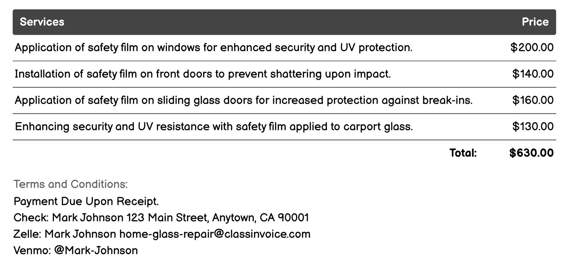 Safety Film Application Invoice Example