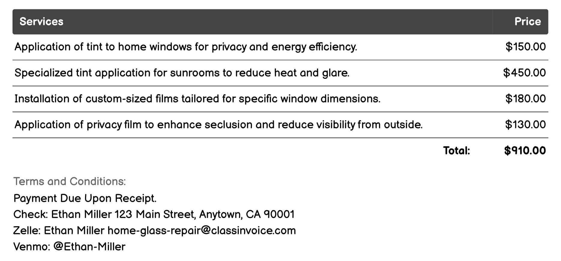 Tinting Services Invoice Example