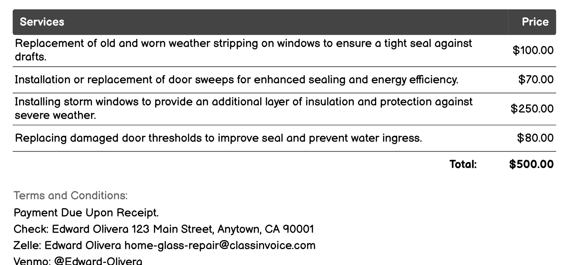 Weather Sealing Invoice Example