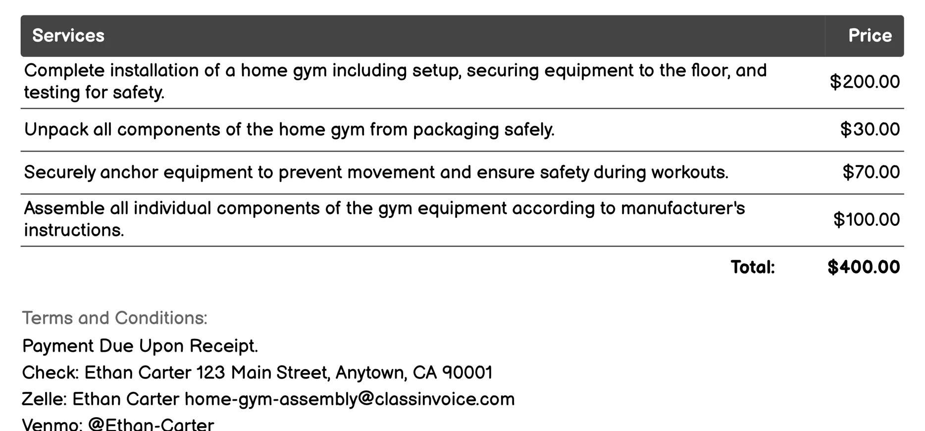 Full Assembly Invoice Example