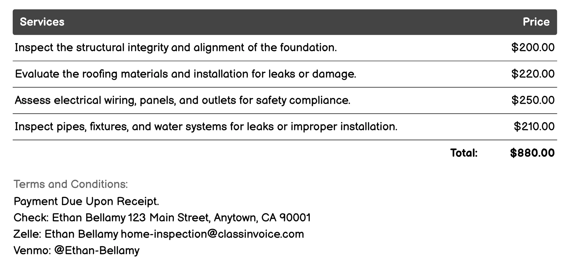 New Construction Inspection Invoice Example