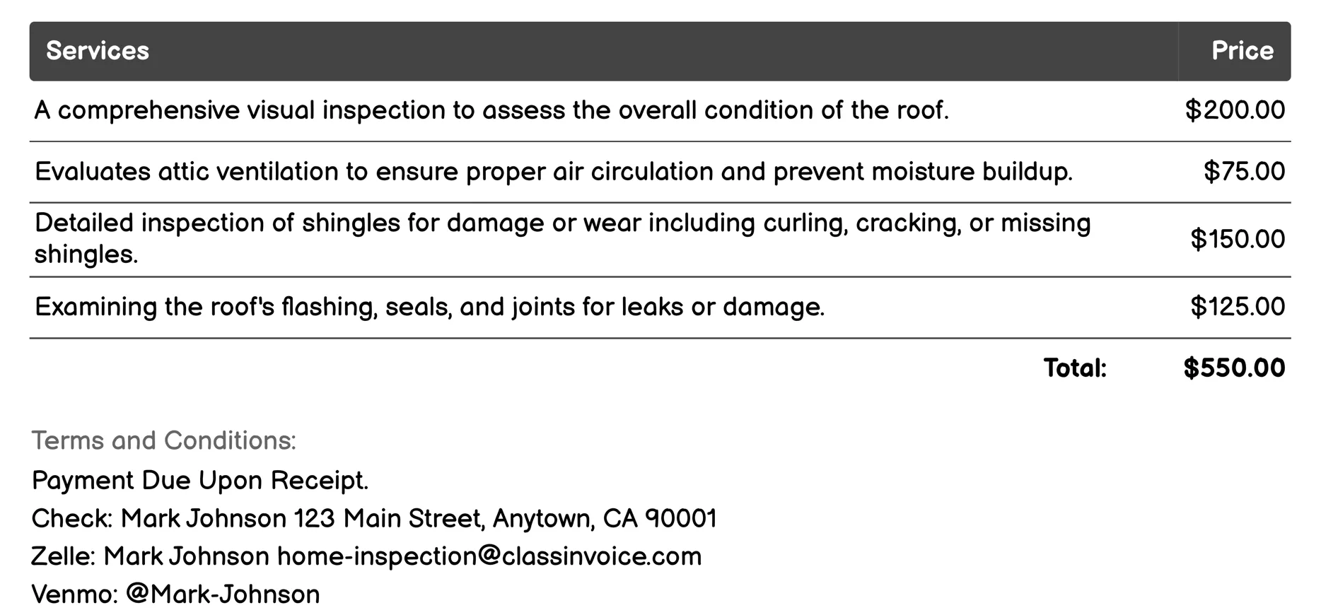 Roof Inspection Invoice Example
