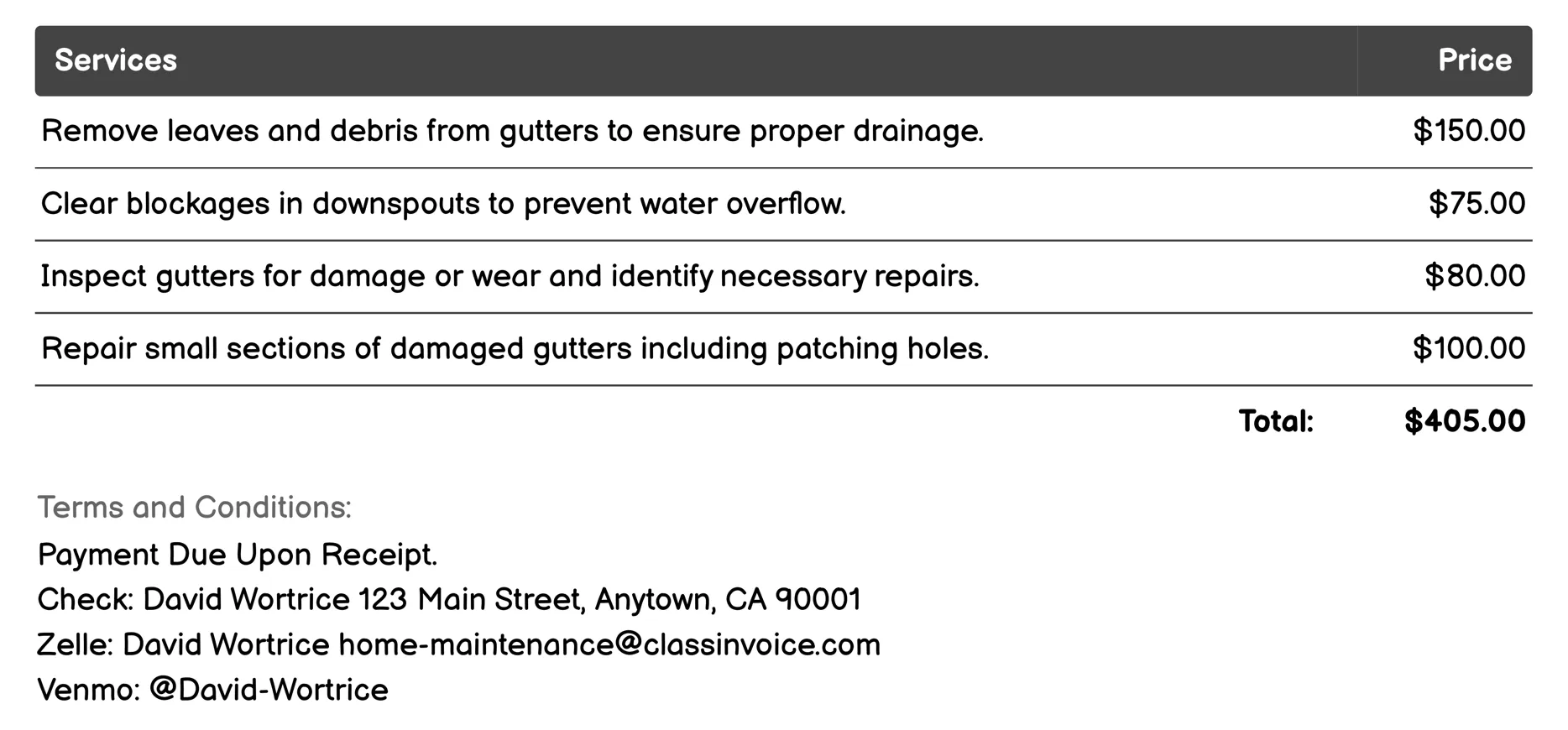 Gutter Cleaning and Repair Invoice Example