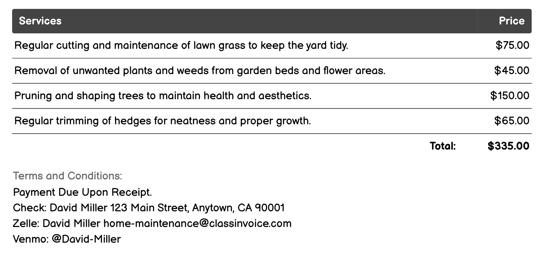 Landscaping Services Invoice Example