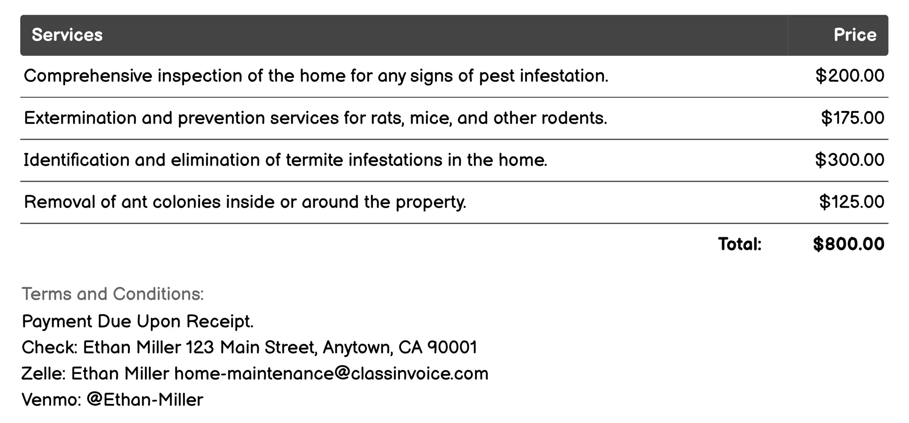 Pest Control Services Invoice Example