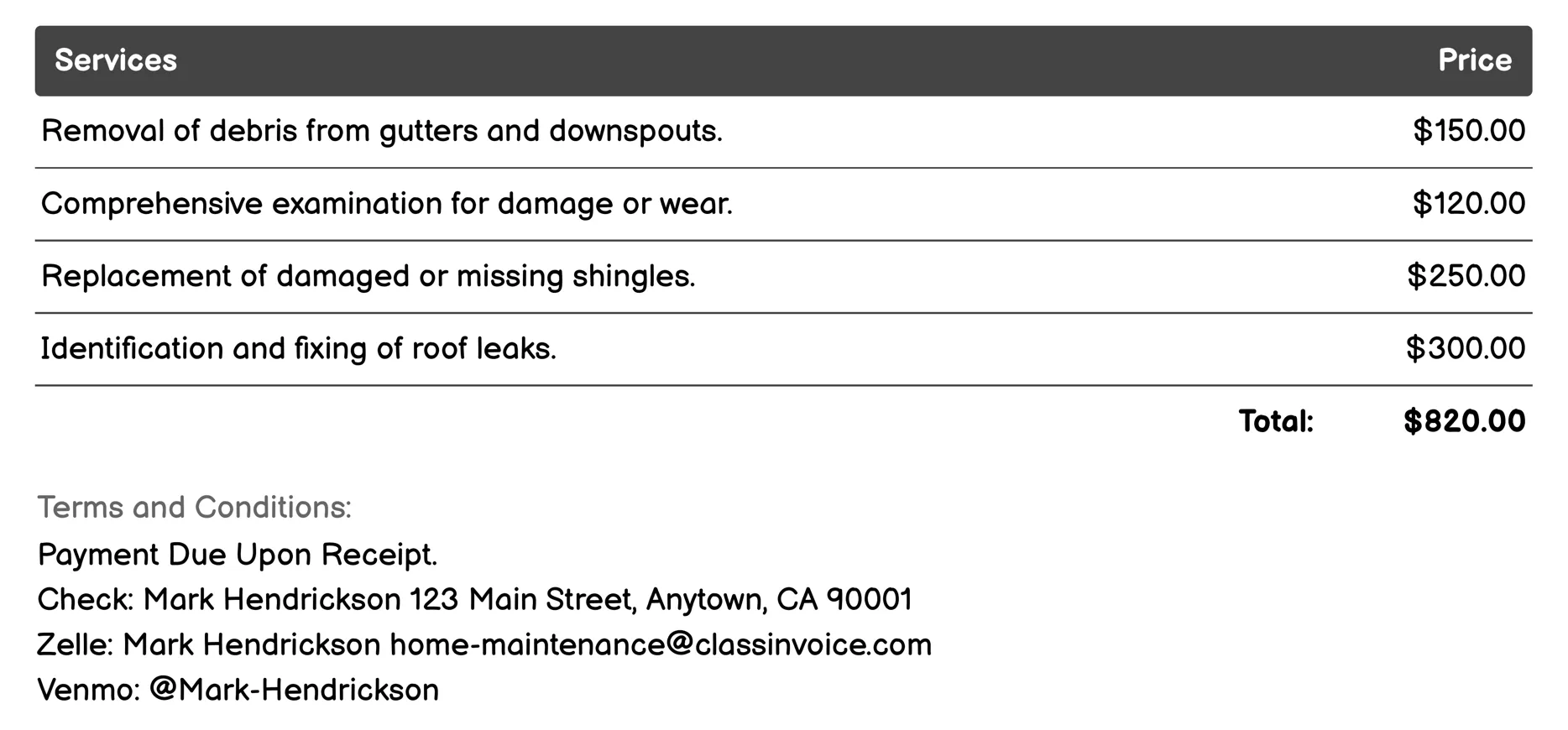 Roofing Services Invoice Example
