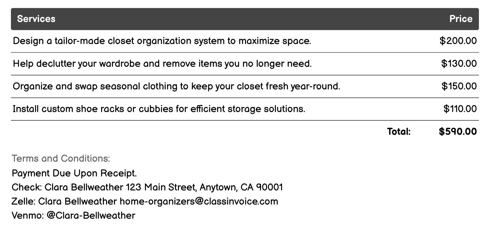 Closet Organization Invoice Example