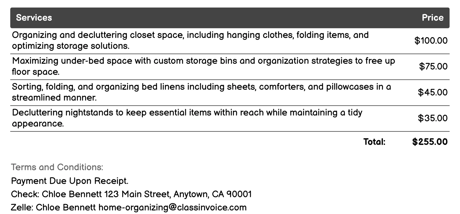 Bedroom Decluttering Invoice Example