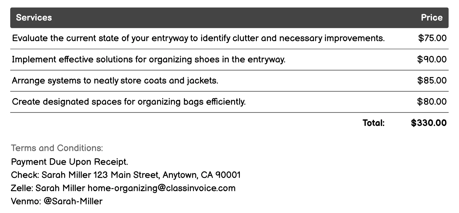 Entryway Sorting Invoice Example