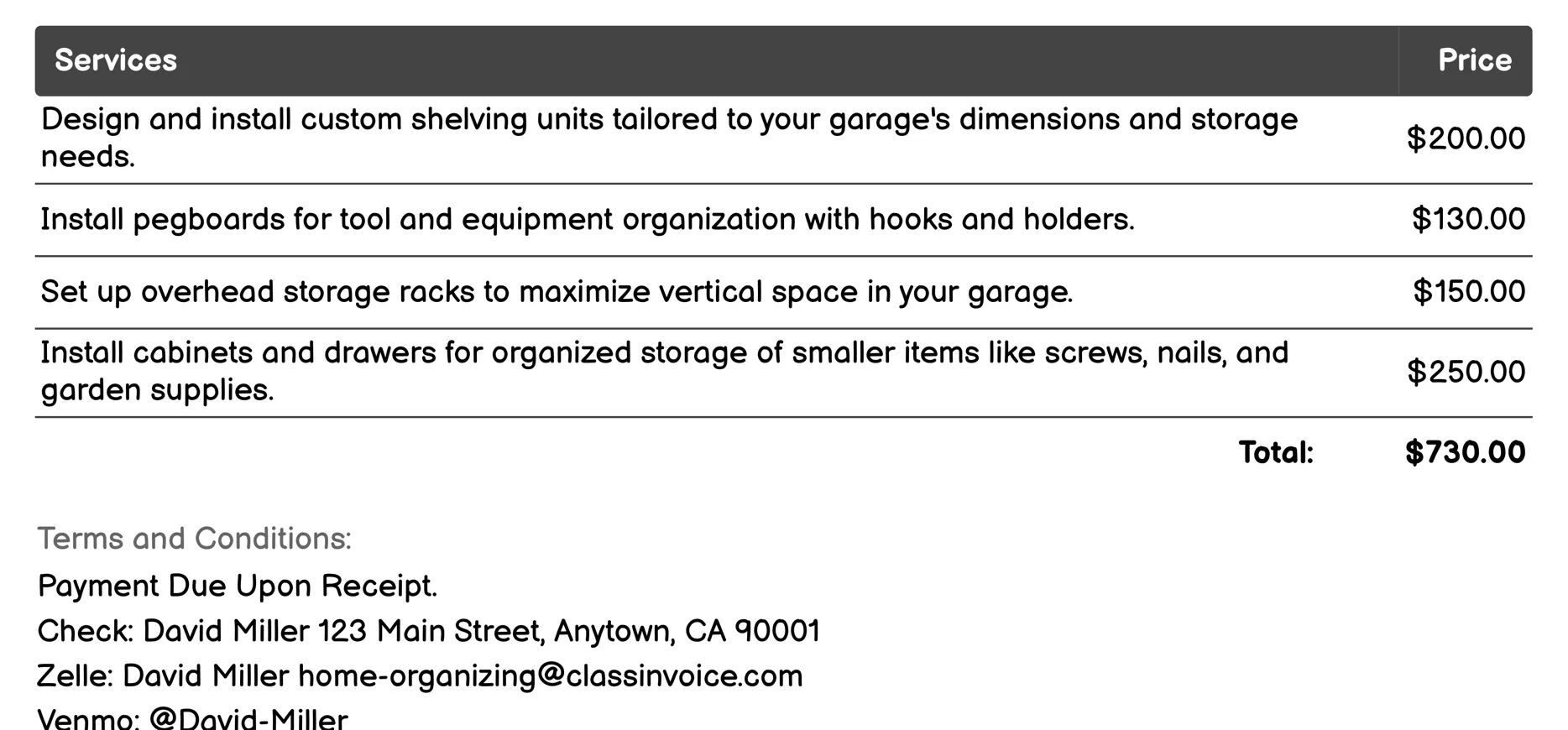 Garage Storage Solutions Invoice Example