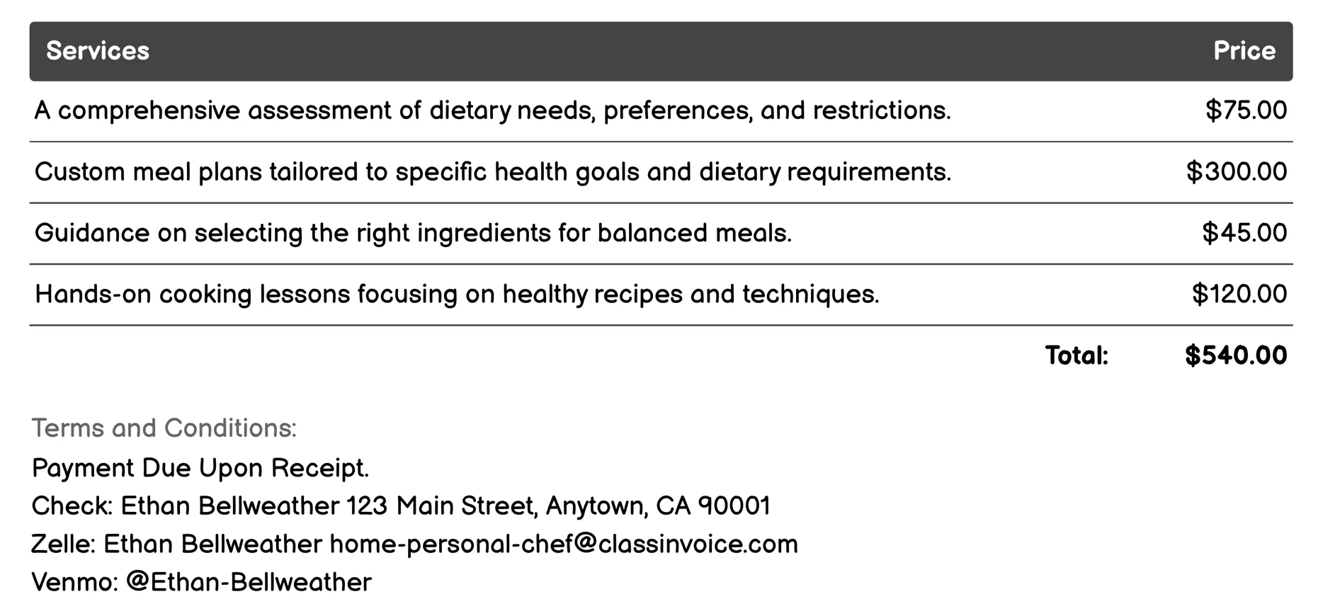 Dietary Consultation Invoice Example