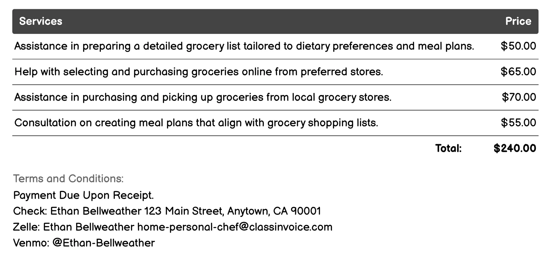 Grocery Shopping Assistance Invoice Example