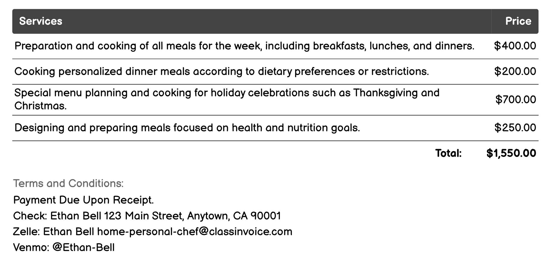 Meal Preparation and Cooking Invoice Example