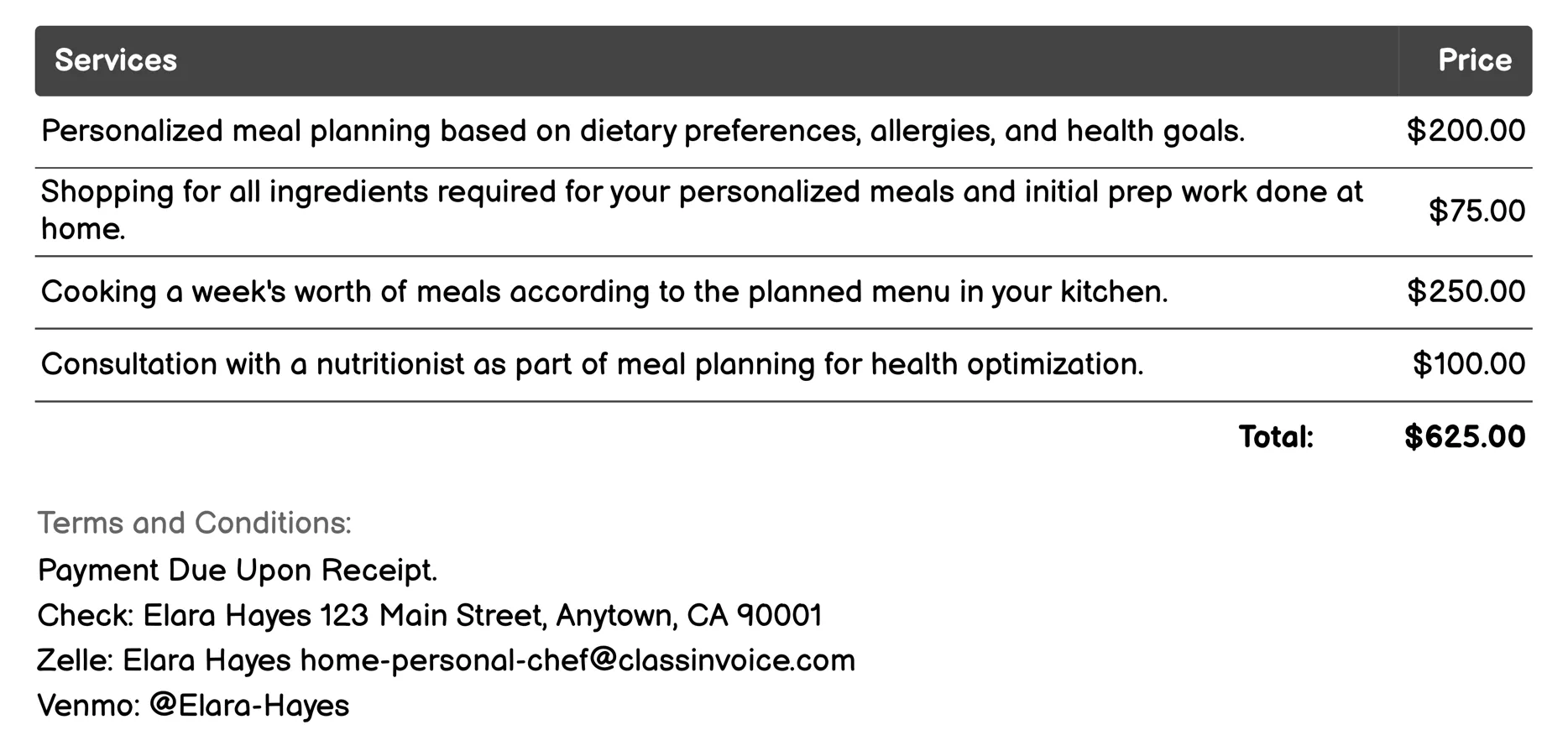Personalized Meal Planning Invoice Example