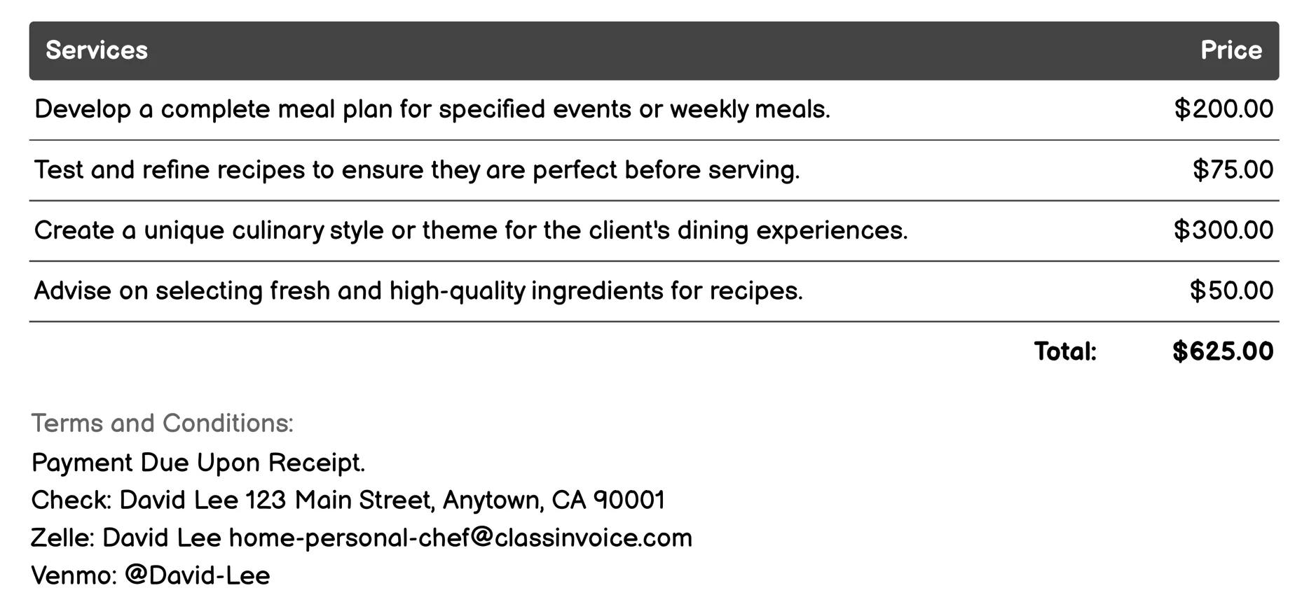 Recipe Development Invoice Example